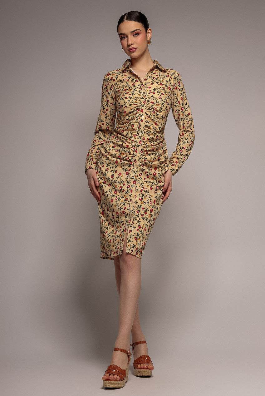 City Goddess Floral Print Shirt Dress - Beige