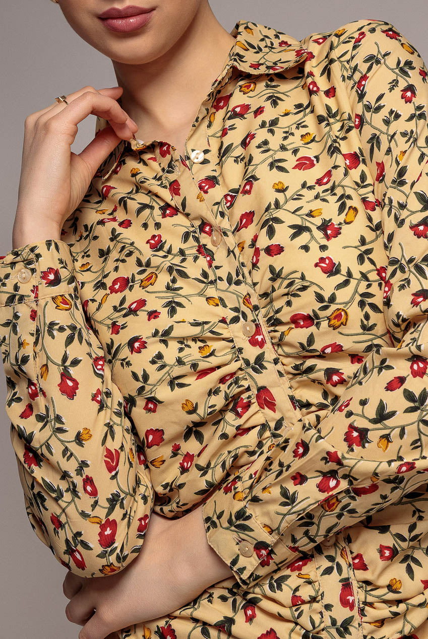 City Goddess Floral Print Shirt Dress - Beige