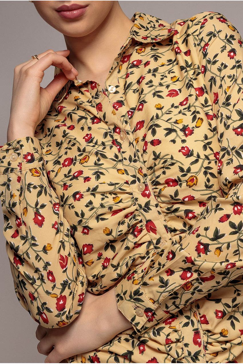 City Goddess Floral Print Shirt Dress - Beige
