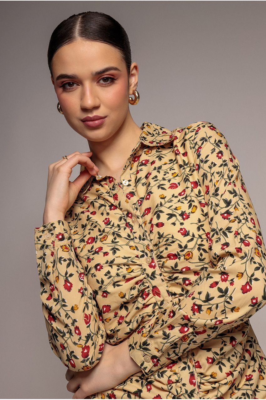 City Goddess Floral Print Shirt Dress - Beige