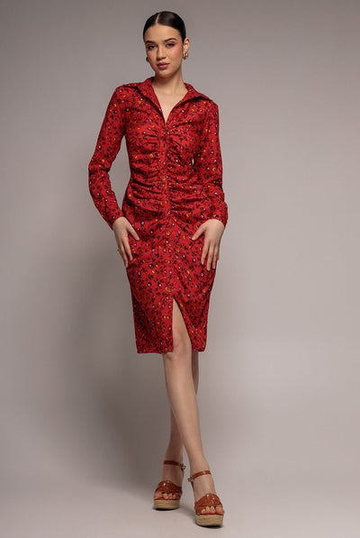 Red - City Goddess Floral Print Shirt Dress - Red