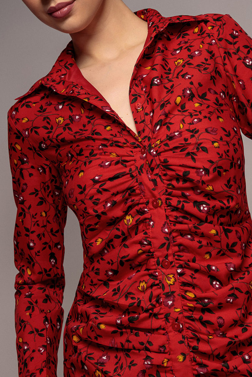 City Goddess Floral Print Shirt Dress - Red