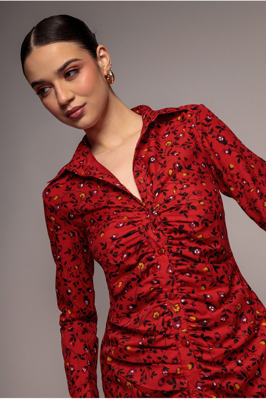City Goddess Floral Print Shirt Dress - Red