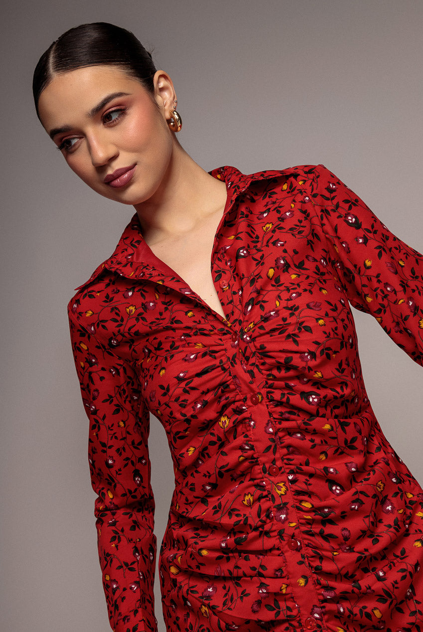City Goddess Floral Print Shirt Dress - Red