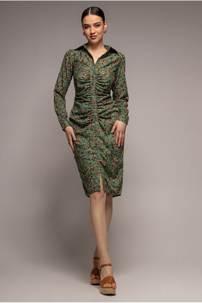 Goddiva Floral Print Shirt Dress - Sage Green