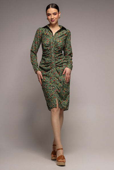 SageGreen - City Goddess Floral Print Shirt Dress - Sage Green