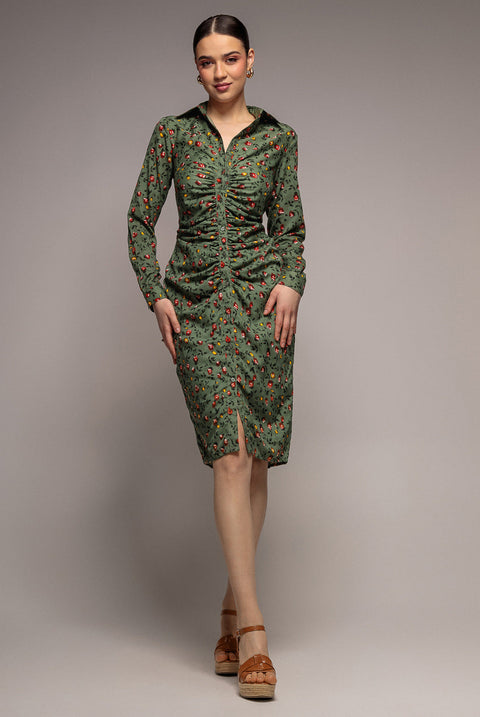 City Goddess Floral Print Shirt Dress - Sage Green