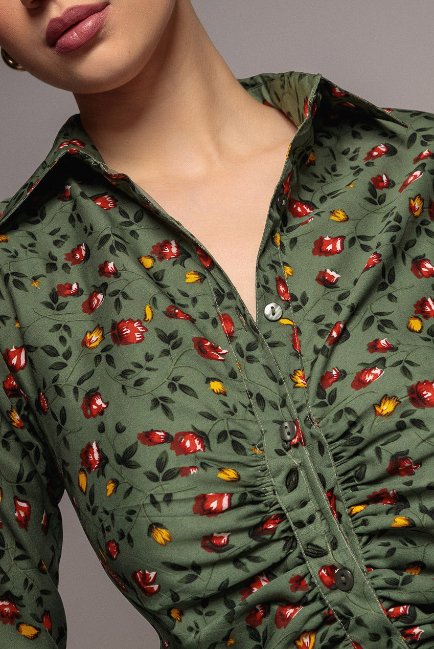 City Goddess Floral Print Shirt Dress - Sage Green