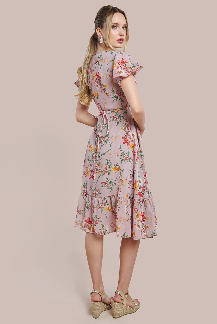 City Goddess Wrap Flutter Sleeve Floral Midi Dress - Beige