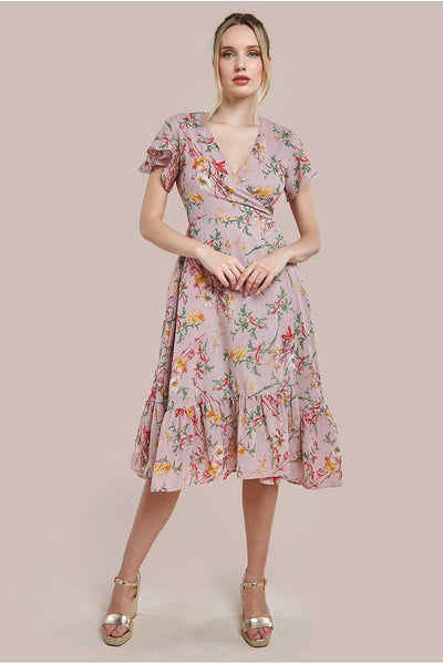 Beige - City Goddess Wrap Flutter Sleeve Floral Midi Dress - Beige