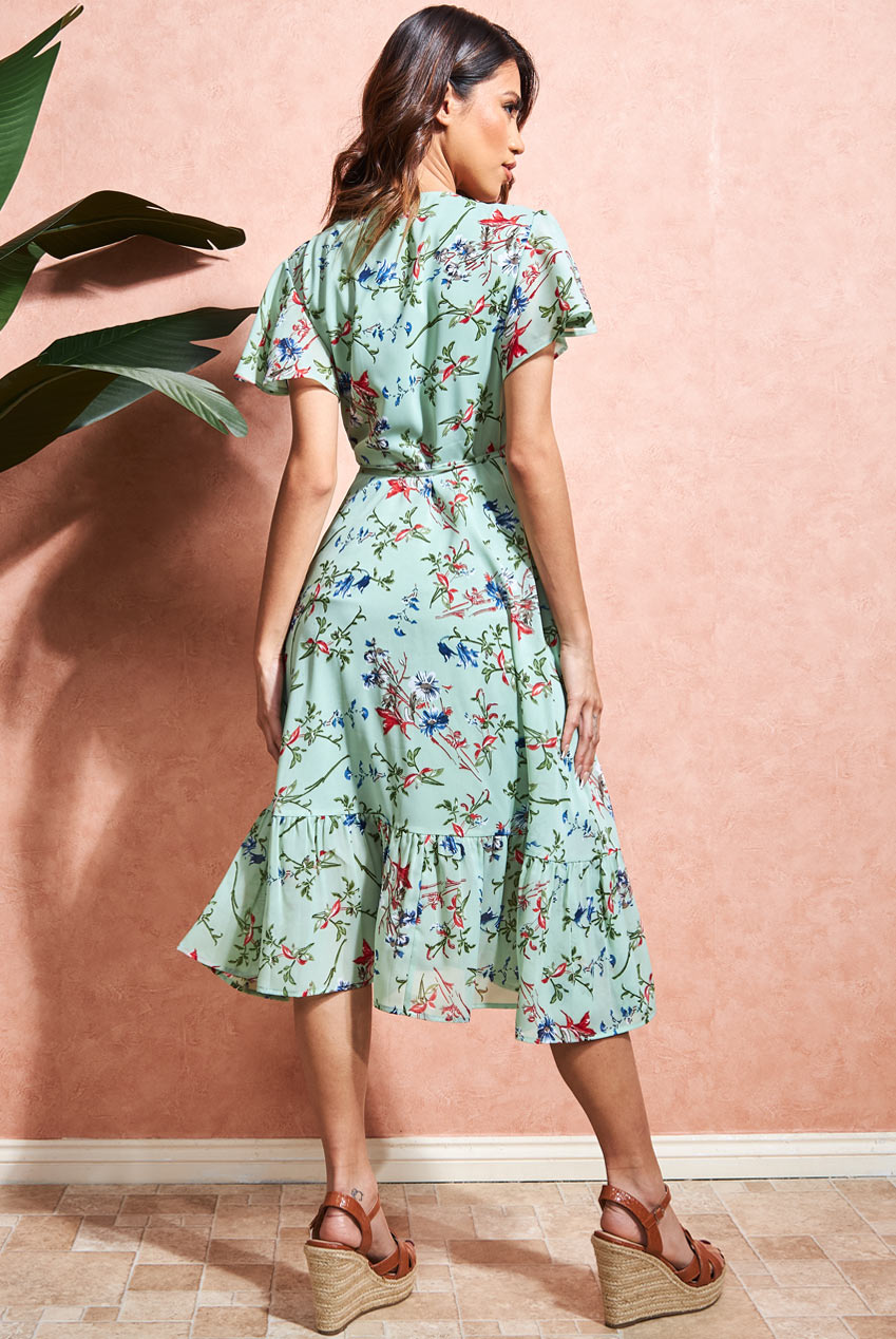 City Goddess Wrap Flutter Sleeve Floral Midi Dress - Mint