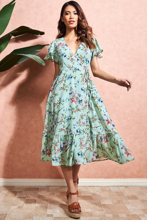 City Goddess Wrap Flutter Sleeve Floral Midi Dress - Mint