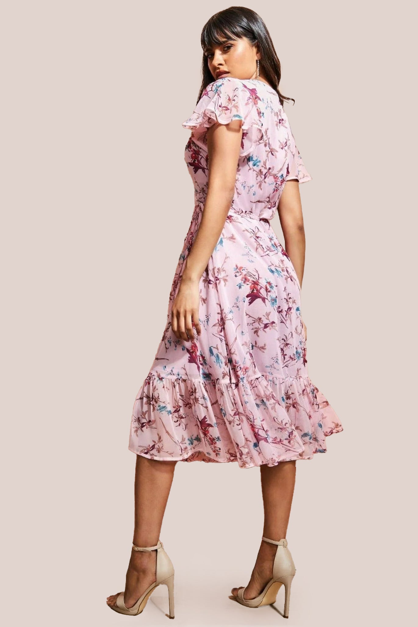 City Goddess Wrap Flutter Sleeve Floral Midi Dress - Peach