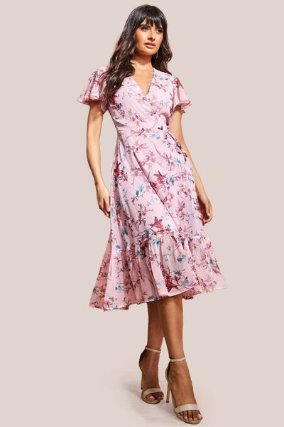 Peach - City Goddess Wrap Flutter Sleeve Floral Midi Dress - Peach