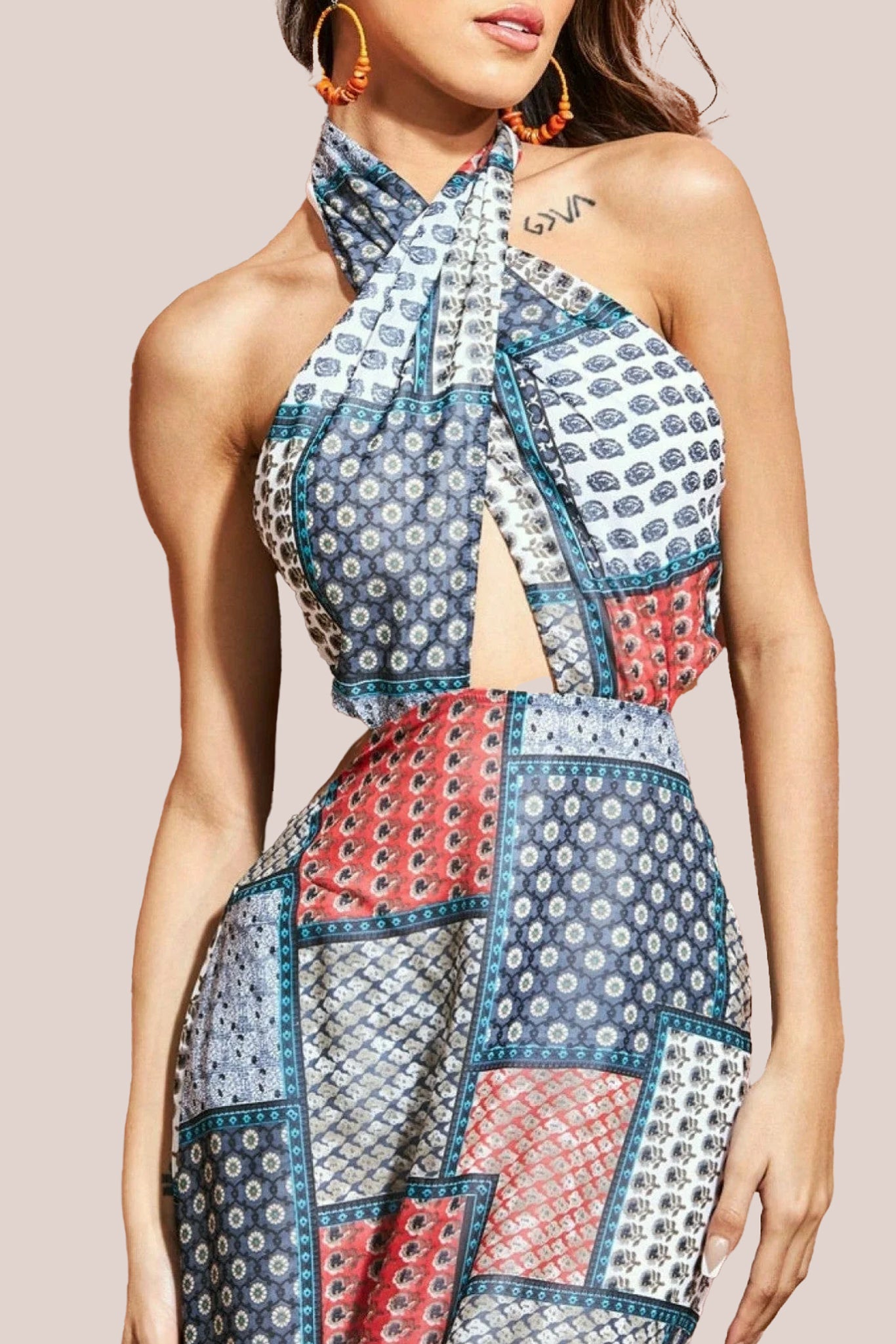 City Goddess Halter Neck Printed Maxi Dress - Blue