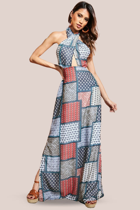 City Goddess Halter Neck Printed Maxi Dress - Blue