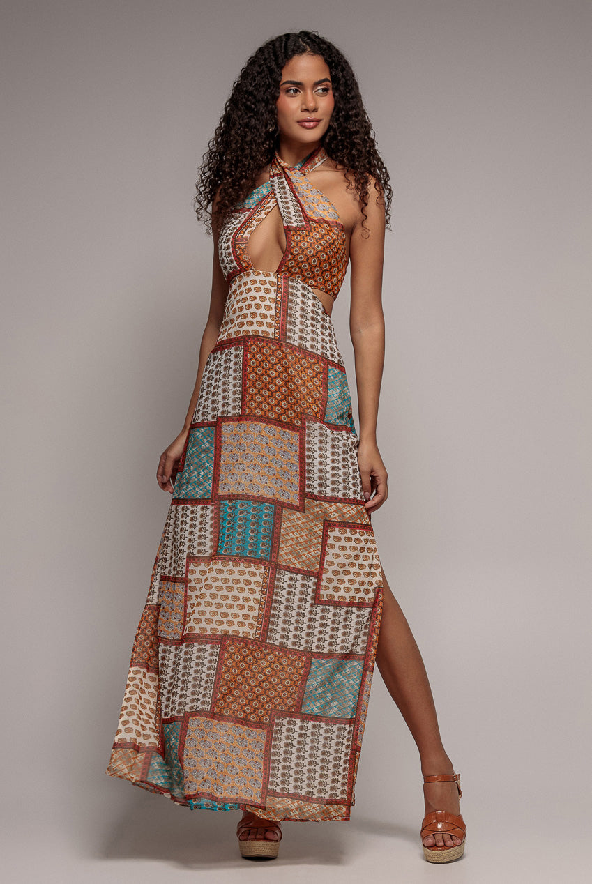 Goddiva Halter Neck Printed Maxi Dress - Mustard