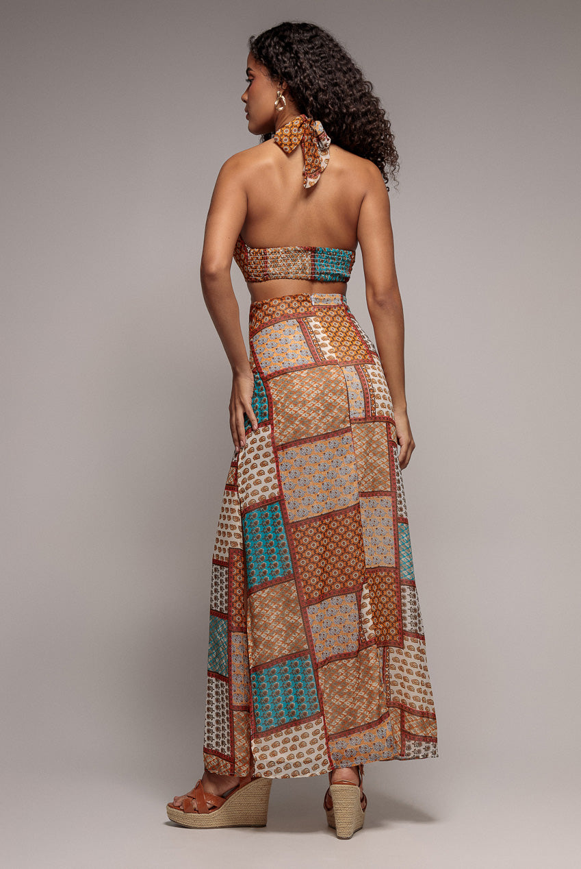 Goddiva Halter Neck Printed Maxi Dress - Mustard