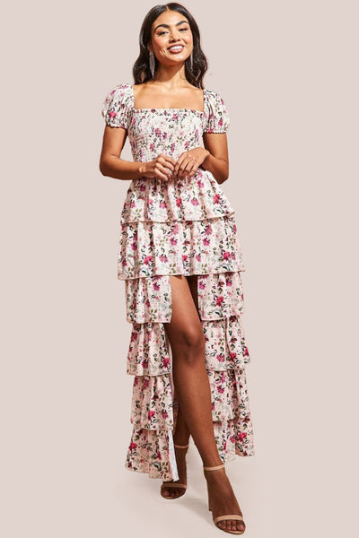 Beige - Goddiva Layered Dipped Hem Floral Maxi - Beige