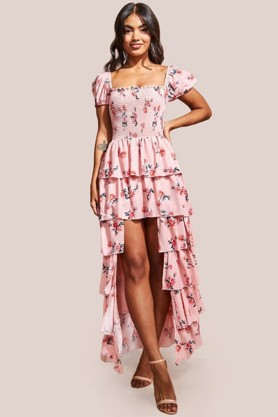 Peach - Goddiva Layered Dipped Hem Floral Maxi - Peach