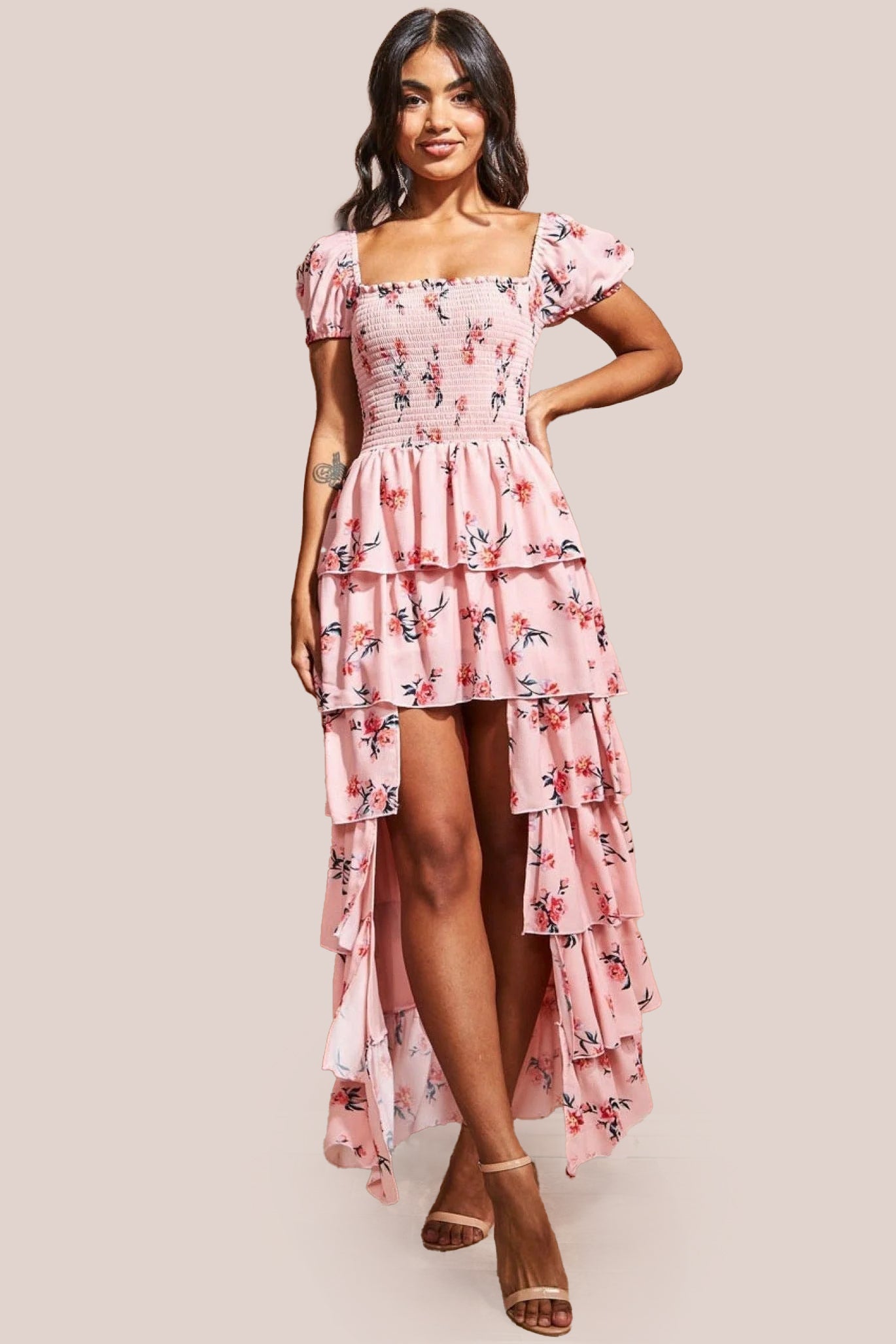 Goddiva Layered Dipped Hem Floral Maxi - Peach