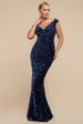 Goddiva Multi Sequin & Velvet Bardot Maxi Dress - Navy Blue