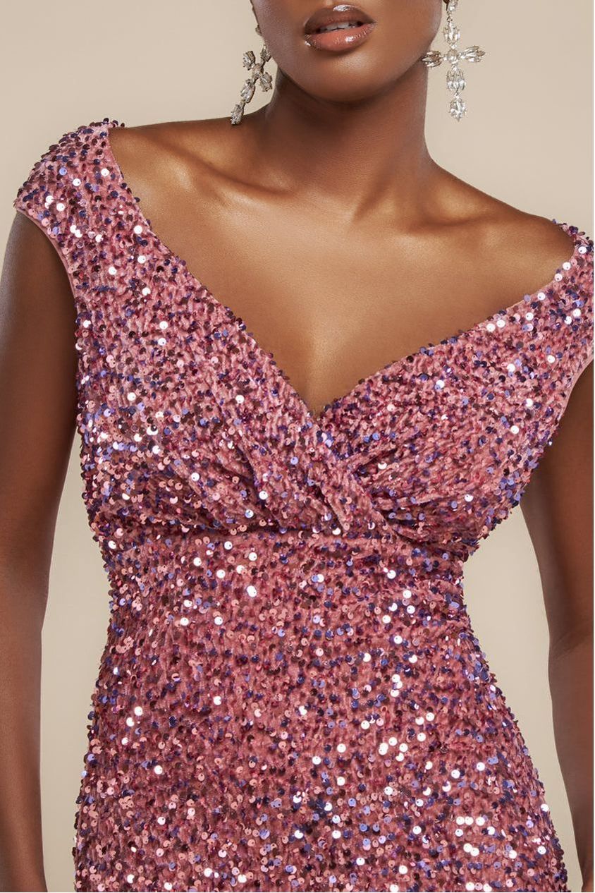 Goddiva Multi Sequin & Velvet Bardot Maxi Dress - Blush Pink