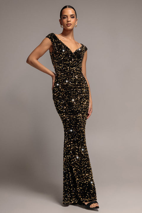 Goddiva Multi Sequin & Velvet Bardot Maxi - Gold
