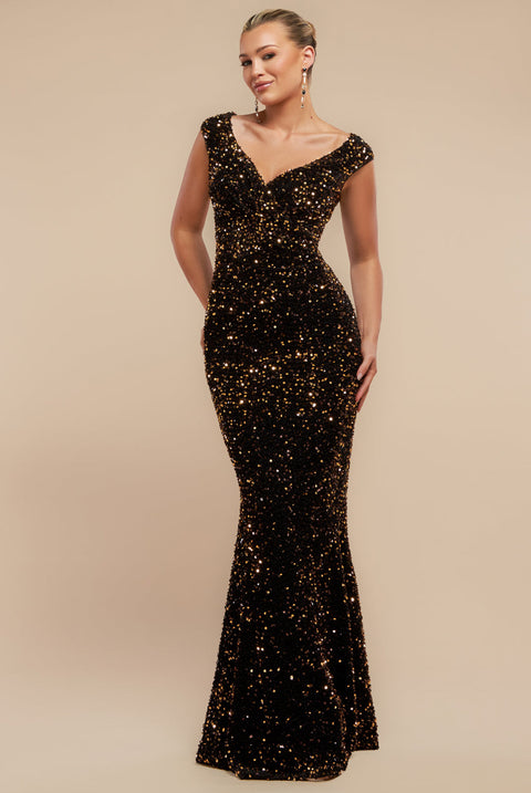 Goddiva Multi Sequin & Velvet Bardot Maxi - Gold