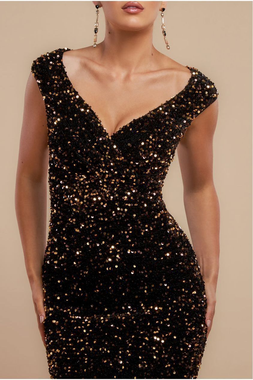 Goddiva Multi Sequin & Velvet Bardot Maxi - Gold