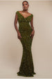 Goddiva Multi Sequin & Velvet Bardot Maxi Dress - Olive Green