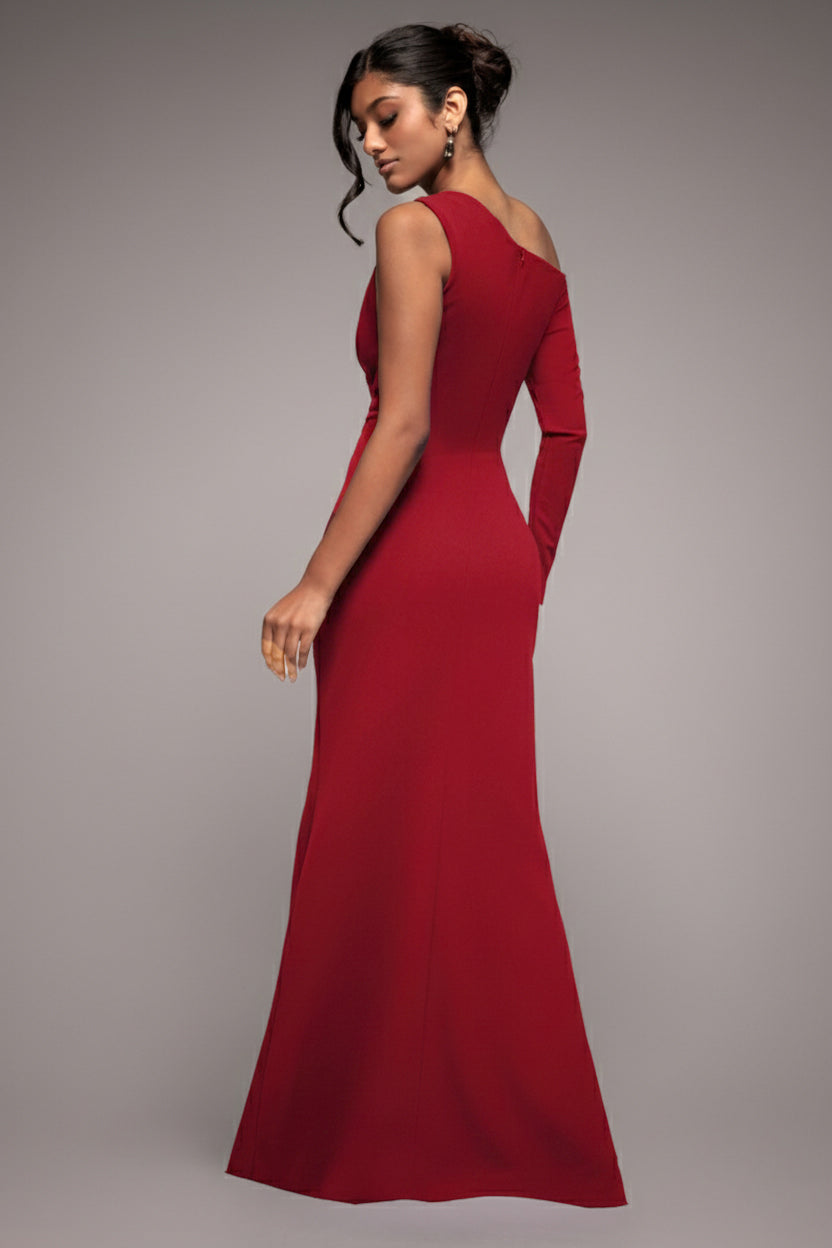 Goddiva One Shoulder Front Split Scuba Maxi - Wine