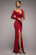Goddiva One Shoulder Front Split Scuba Maxi - Wine