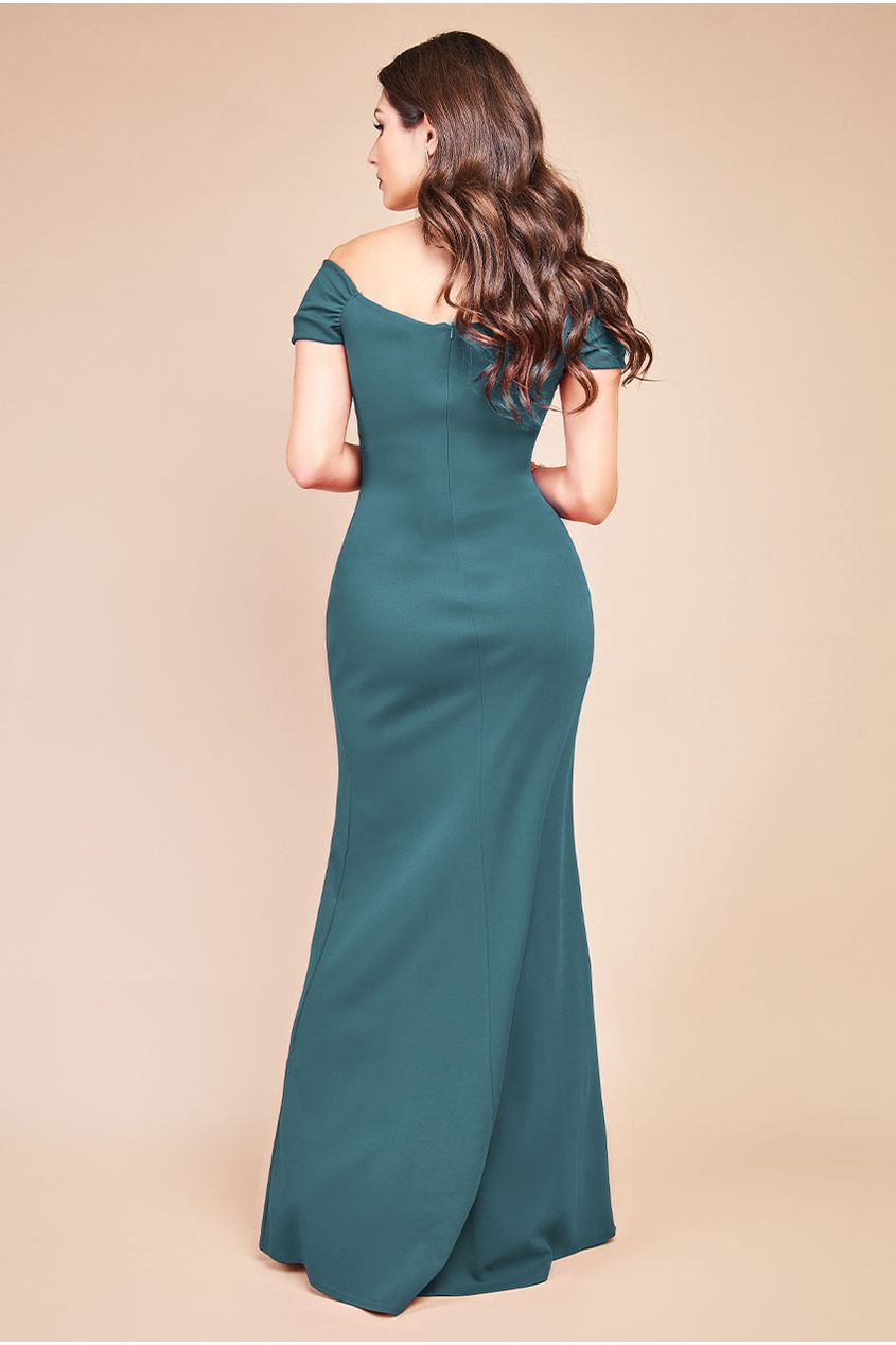 Goddiva Off The Shoulder Knot Front Maxi - Emerald Green