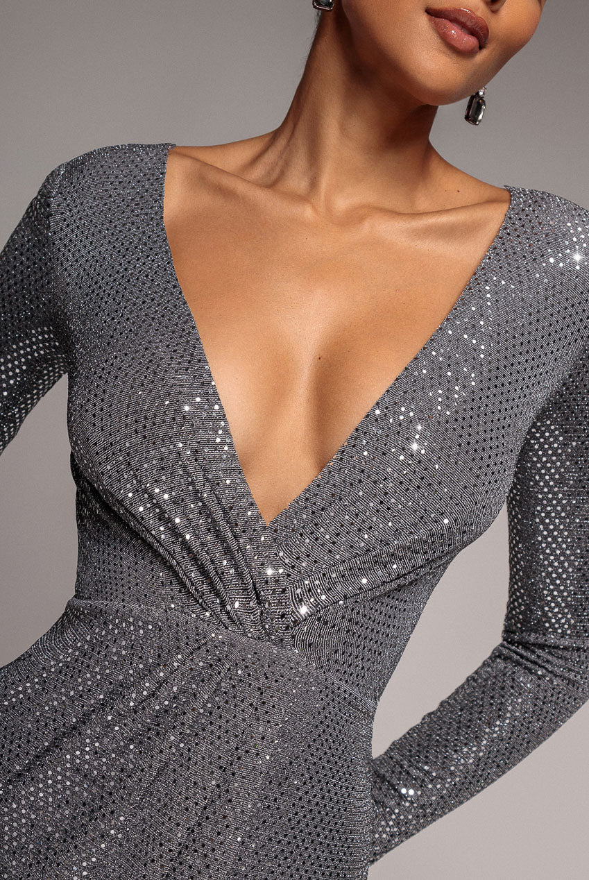 Goddiva Sequined Lurex Long Sleeve Wrap Midi Dress - Silver