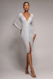 Goddiva Sequined Lurex Long Sleeve Wrap Midi Dress - White