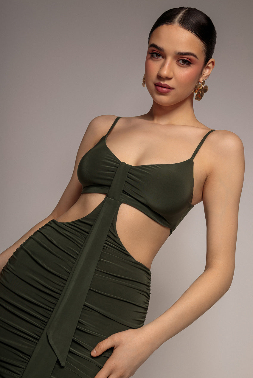 City Goddess Cut Out Ruched Bodycon Midi Dress - Khaki
