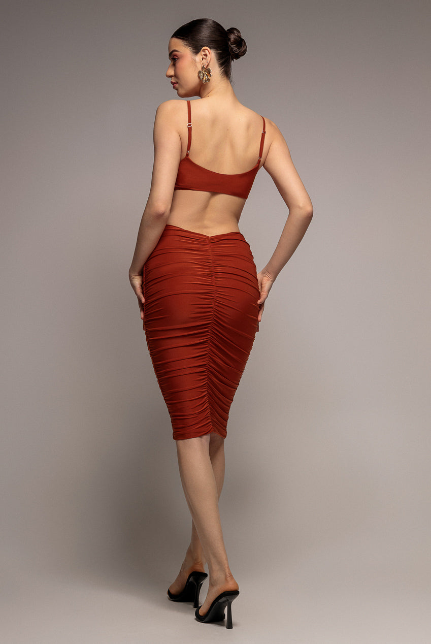 Goddiva Cut Out Ruched Bodycon Midi Dress - Rust