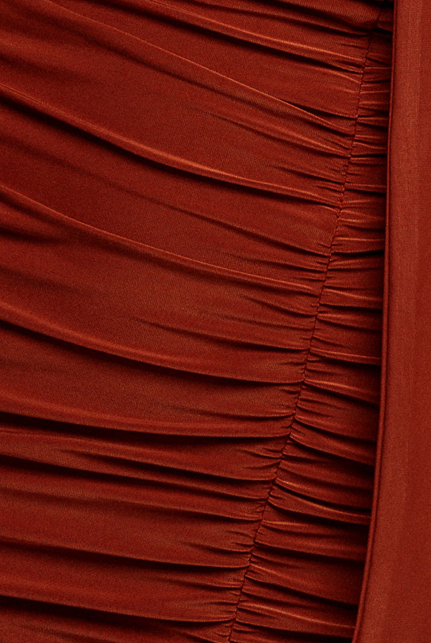 Goddiva Cut Out Ruched Bodycon Midi Dress - Rust