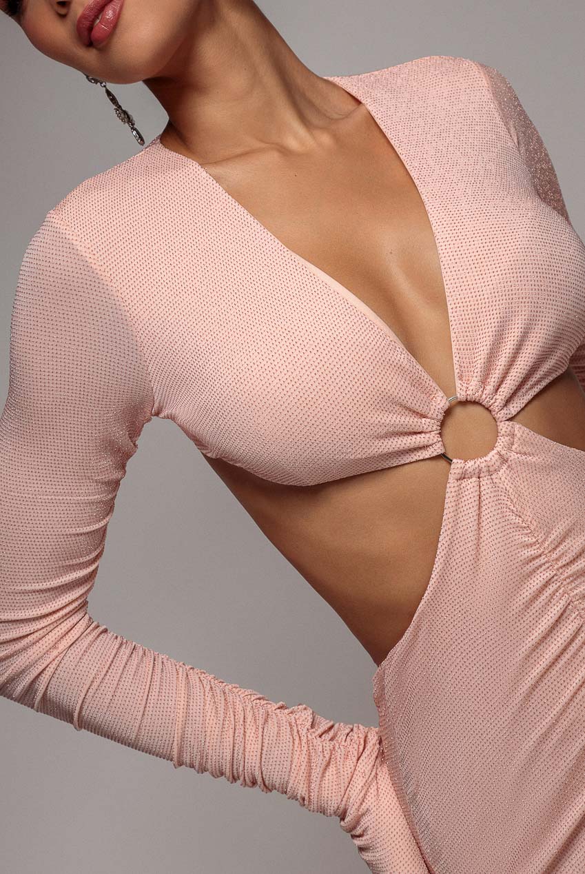 Goddiva Cut Out Long Sleeve Bodycon Mini Dress - Nude