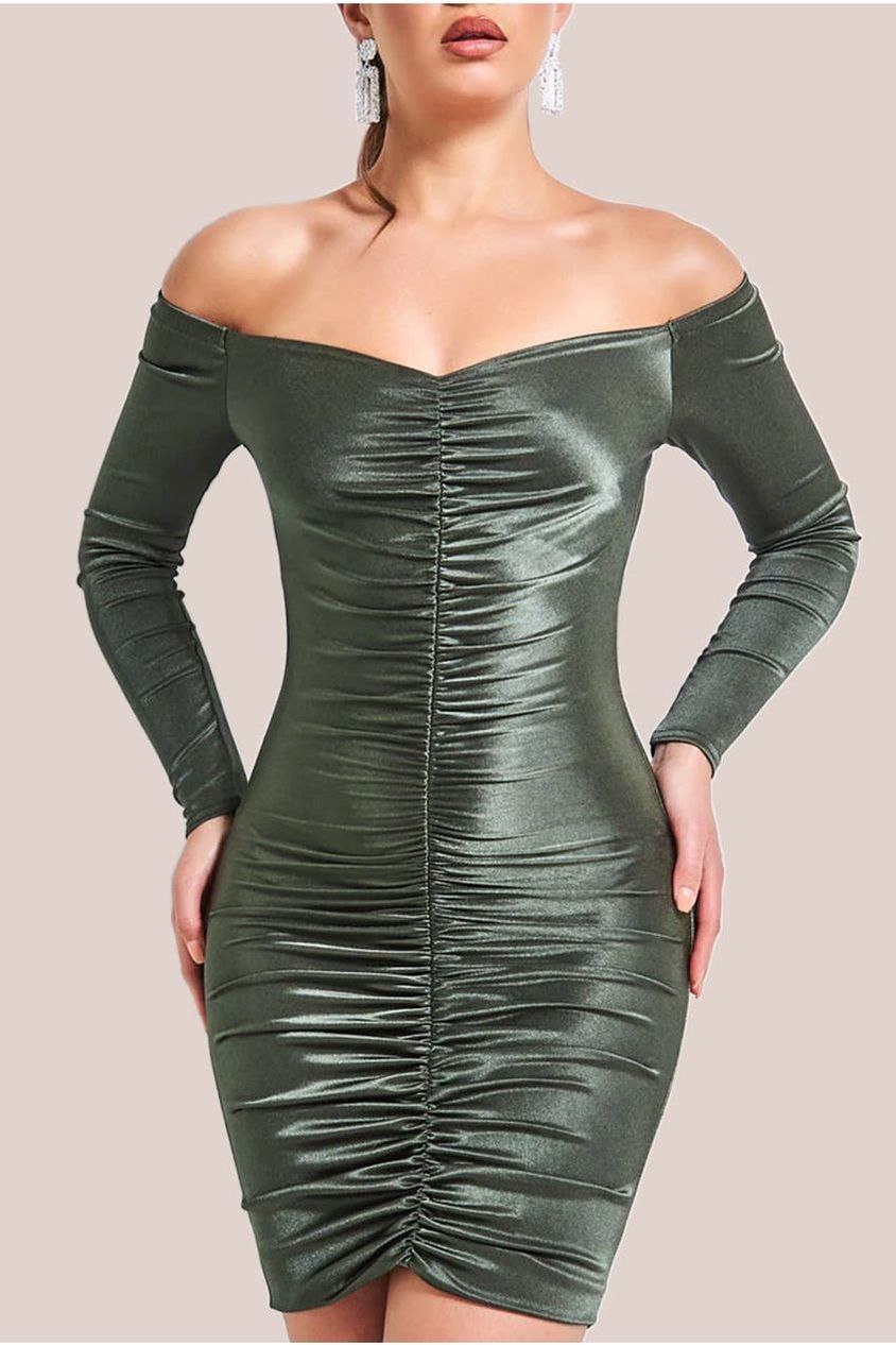 Goddiva Off The Shoulder Ruched Mini - Khaki