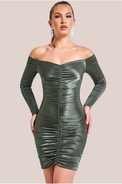 Khaki - Goddiva Off The Shoulder Ruched Mini - Khaki