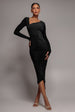 City Goddess Asymmetrical Neck Ruched Midi Dress - Black