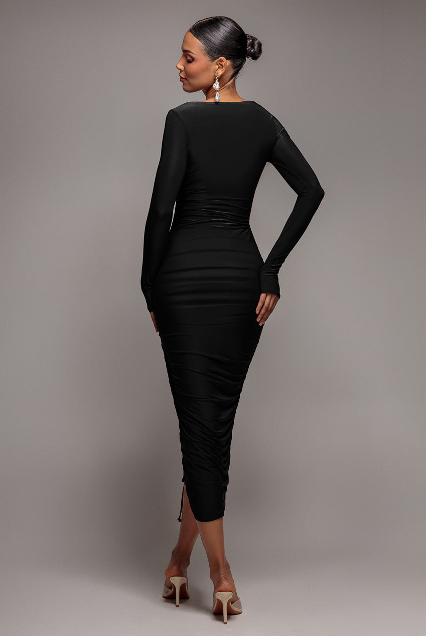 City Goddess Asymmetrical Neck Ruched Midi Dress - Black