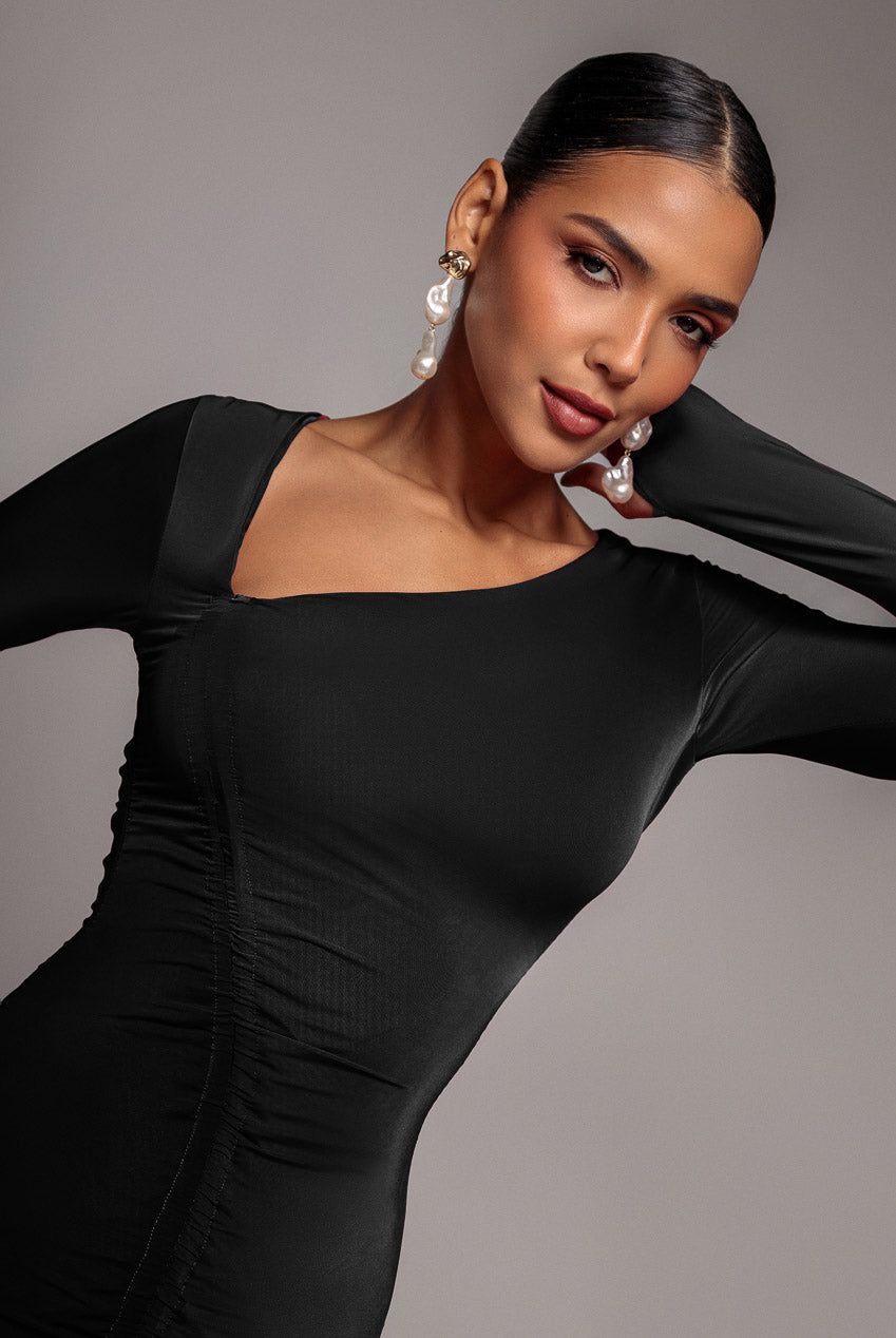 City Goddess Asymmetrical Neck Ruched Midi Dress - Black