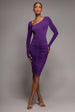 City Goddess Asymmetrical Neck Ruched Midi Dress - Purple