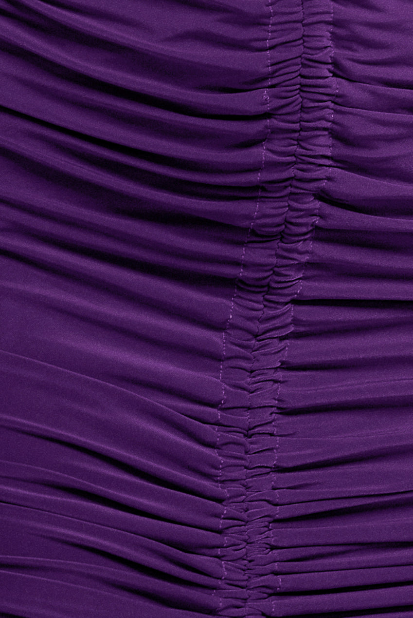 City Goddess Asymmetrical Neck Ruched Midi Dress - Purple