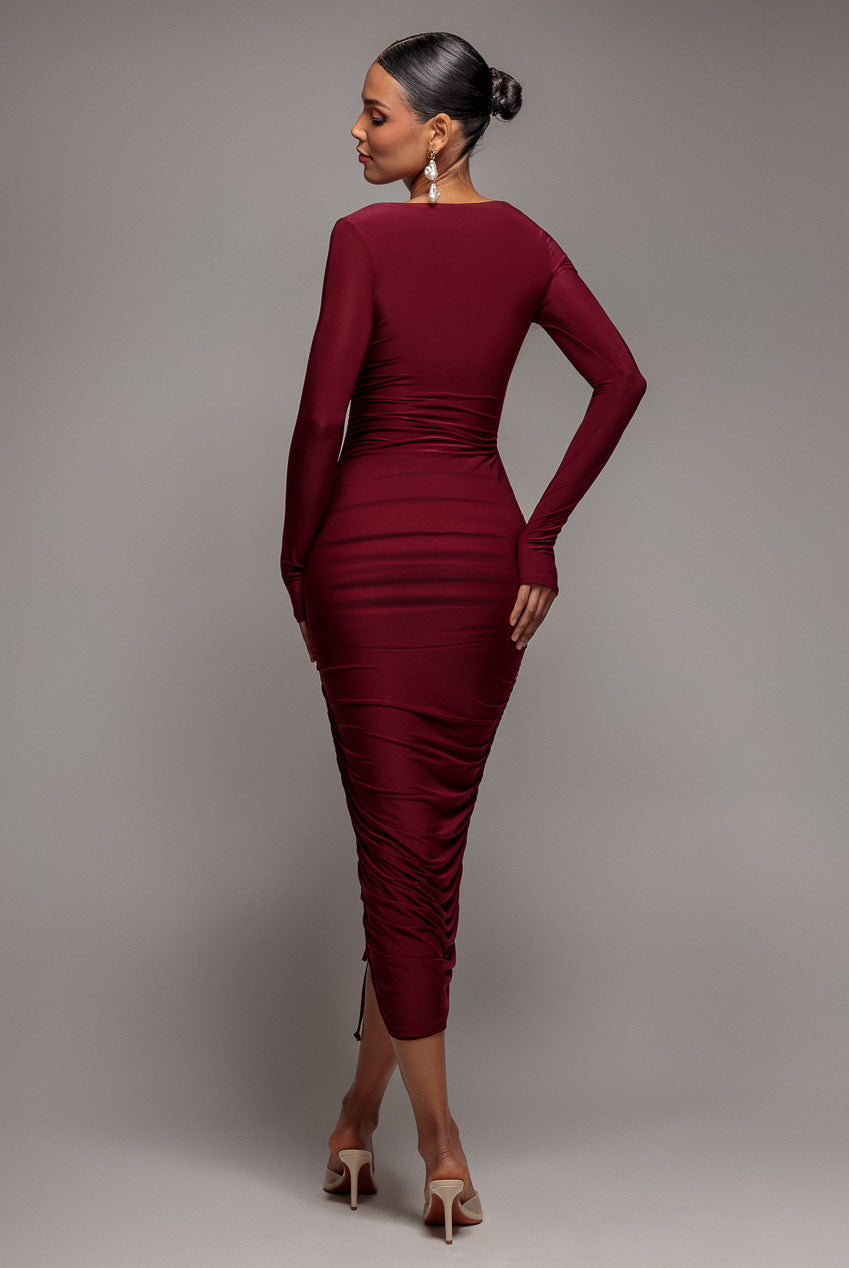 Goddiva Asymmetrical Neck Ruched Midi Dress - Wine