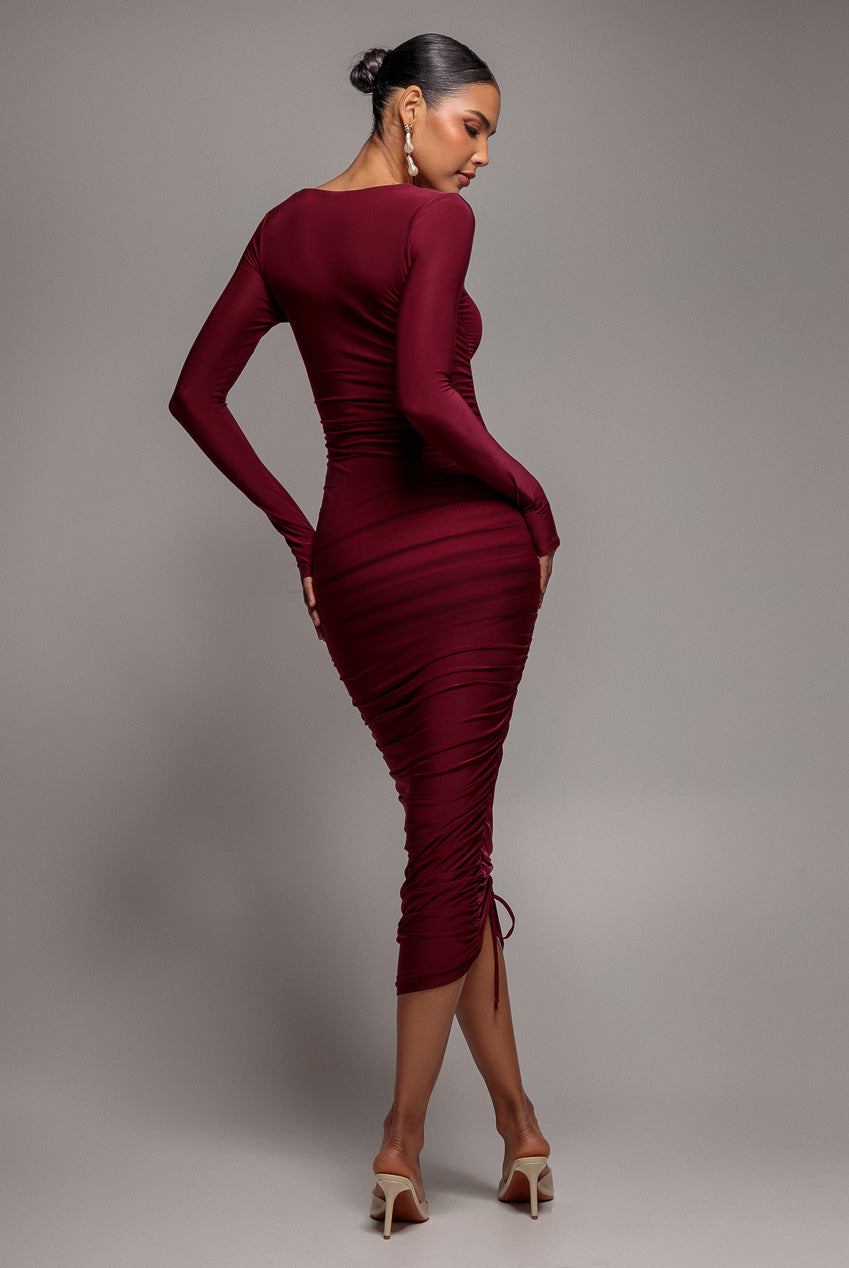 Goddiva Asymmetrical Neck Ruched Midi Dress - Wine