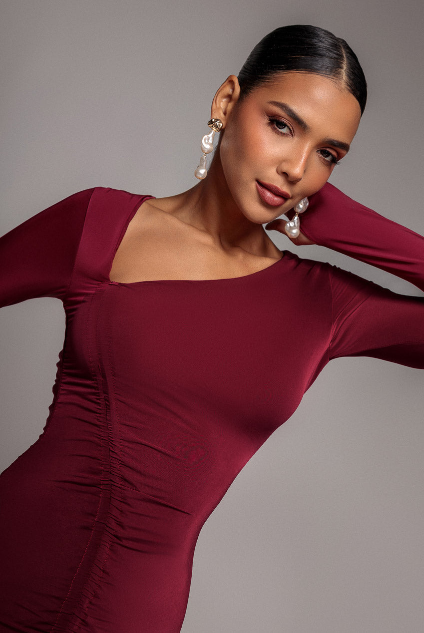 Goddiva Asymmetrical Neck Ruched Midi Dress - Wine